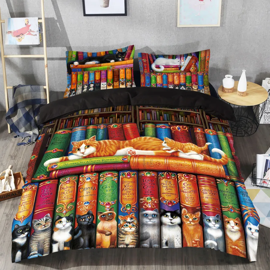 Book Bedding Set Cat And Book On Shelf Duvet Covers