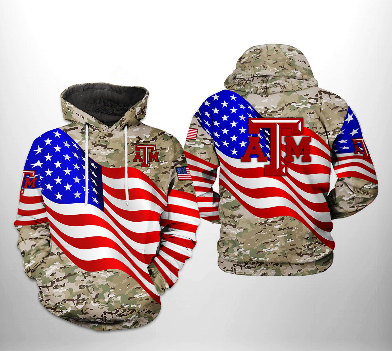 Texas A&M Aggies US Flag Camo Veteran 3D All Over Print Hoodie & Zip Hoodie