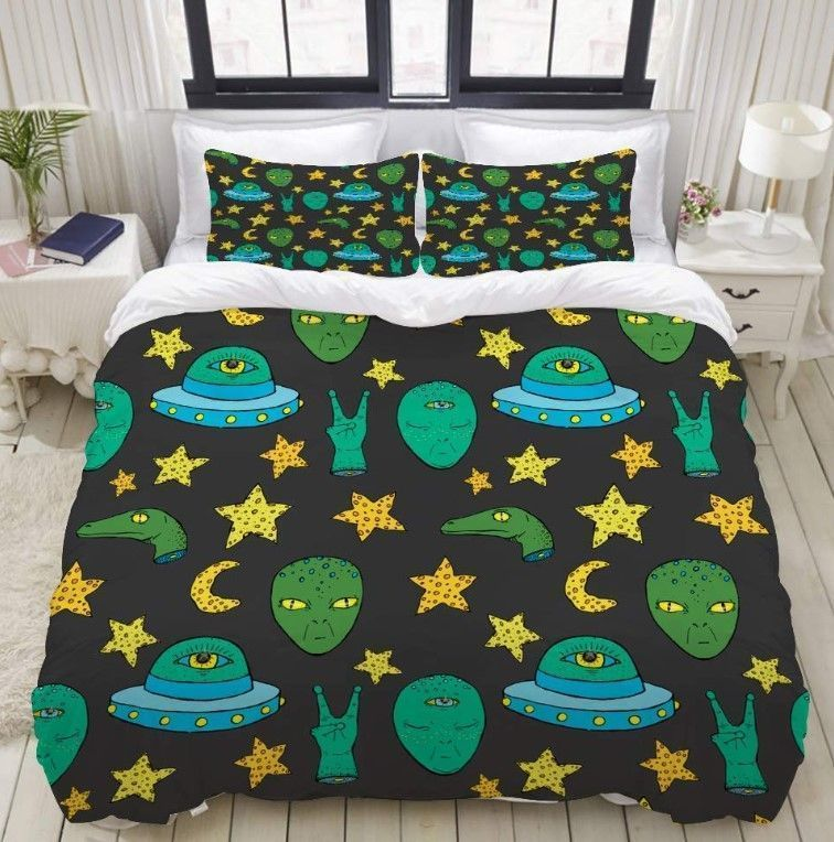 UFO Bedding Set UFO Aliens And Stars Pattern Duvet Covers Black