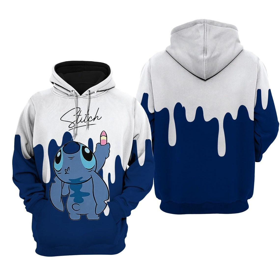 Stitch Navy Dripping Paint Fan, Stitch Navy Dripping Paint, Cartoon Graphic Outfits Aop Hoodie