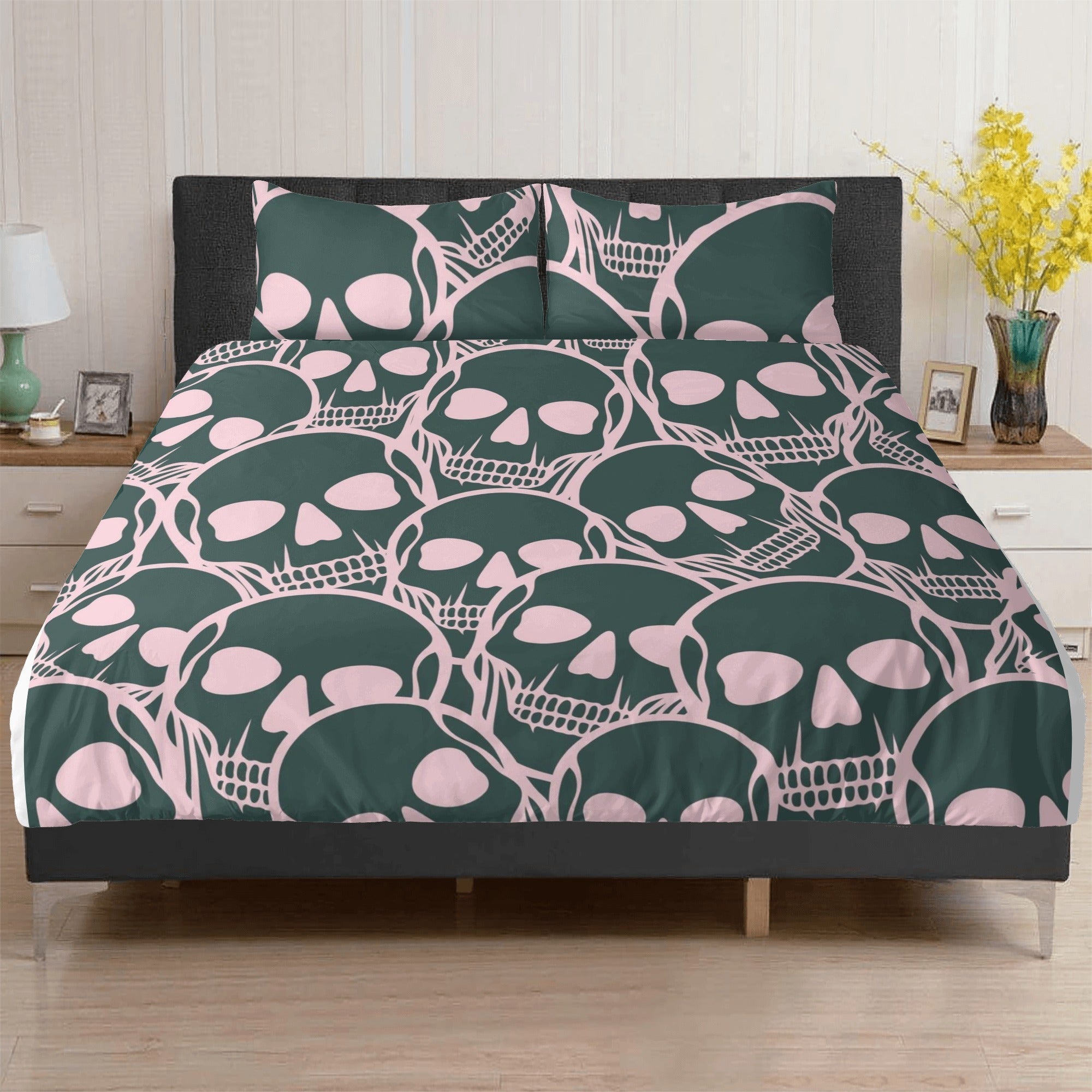 Skull Bedding Set Skull Heads Graphic Pattern Duvet Covers Pink