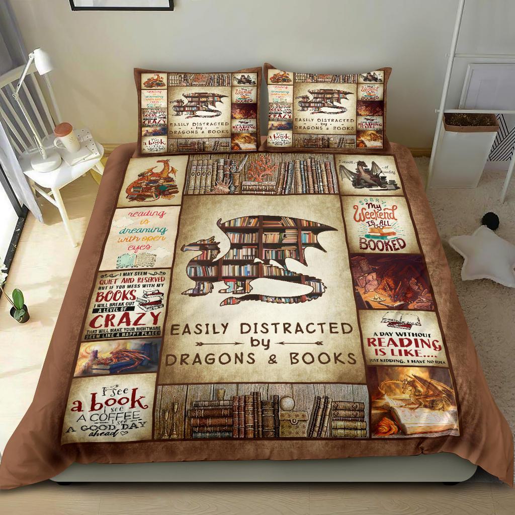 Book Bedding Set Easily Distracted By Books And Dragons Duvet Covers