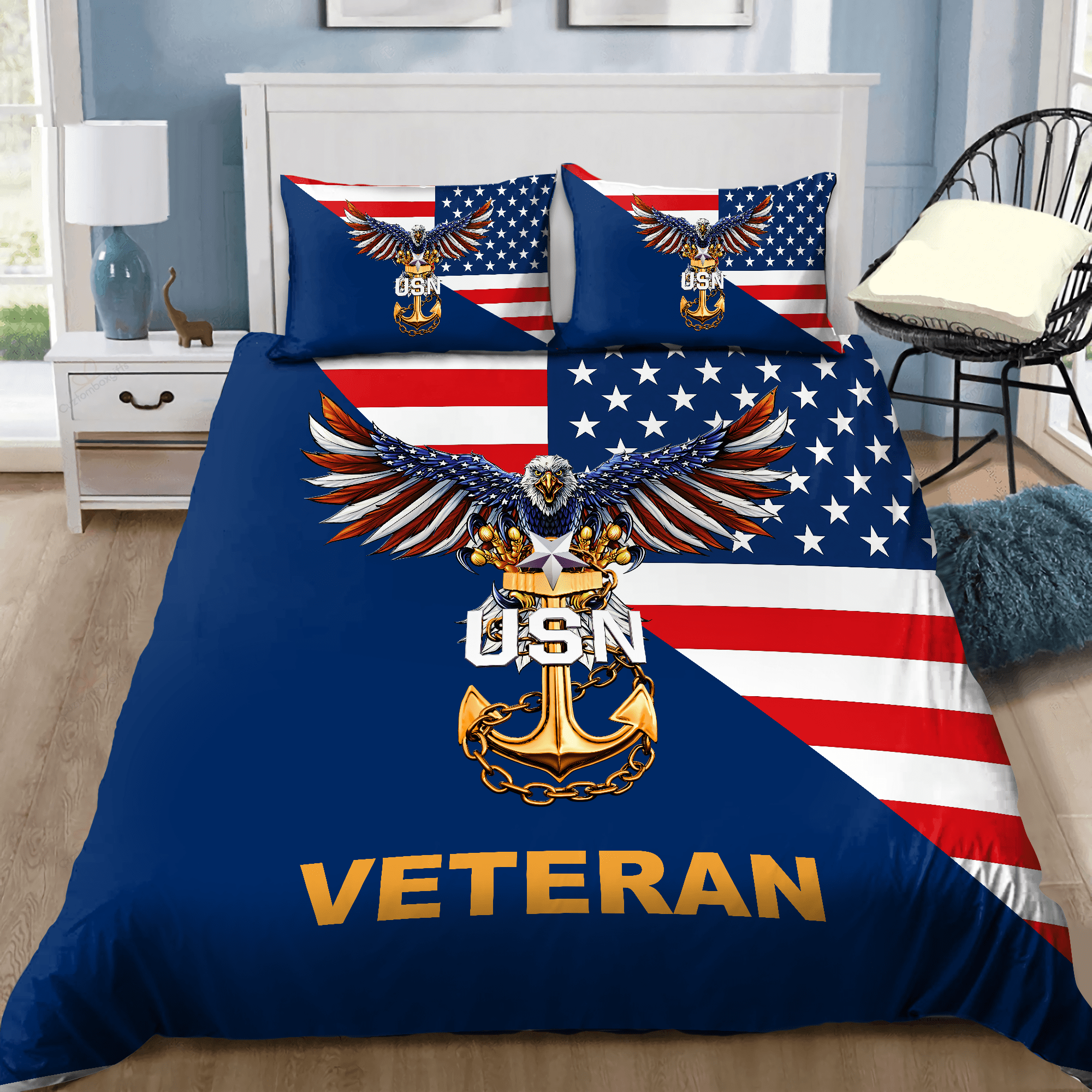 Veteran Bedding Set USN Veteran Symbol American Flag Duvet Covers