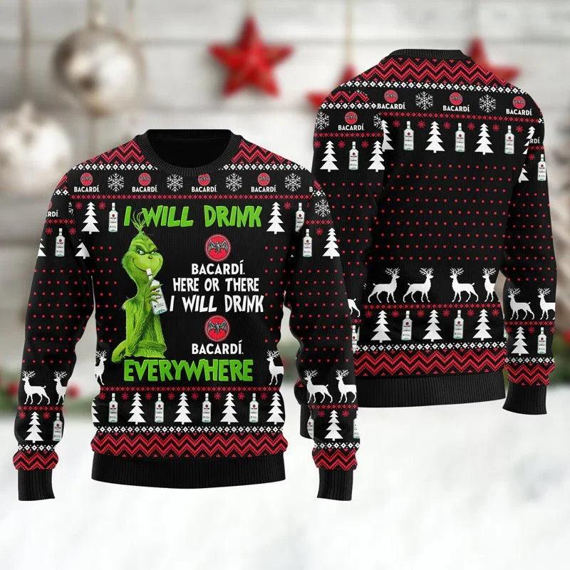 Bacardi Grinch Will Drink Everywhere Ugly Christmas Sweater