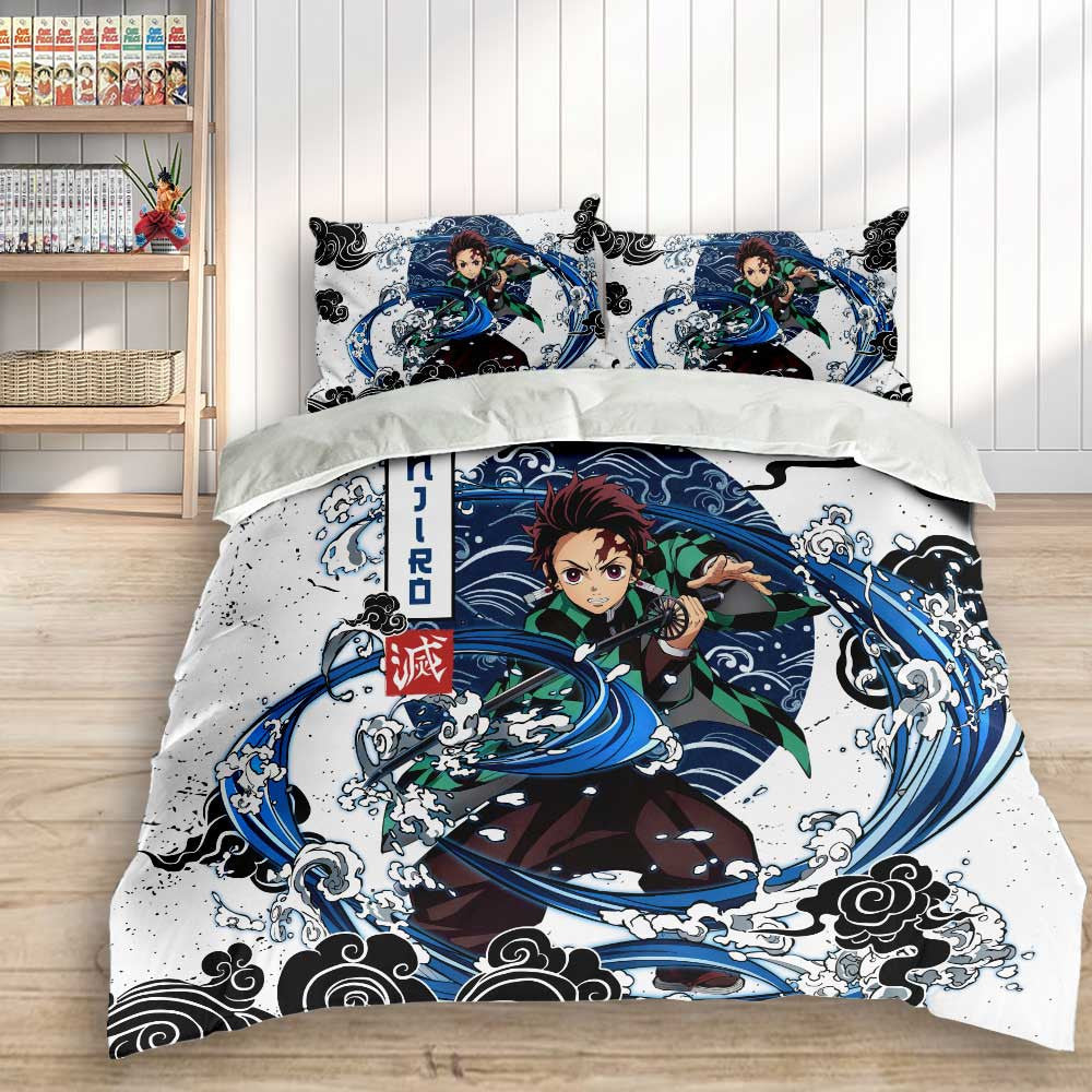 Demon Slayer Bedding Set Tanjiro Kamado Fighting Water Breathing Duvet Covers Blue