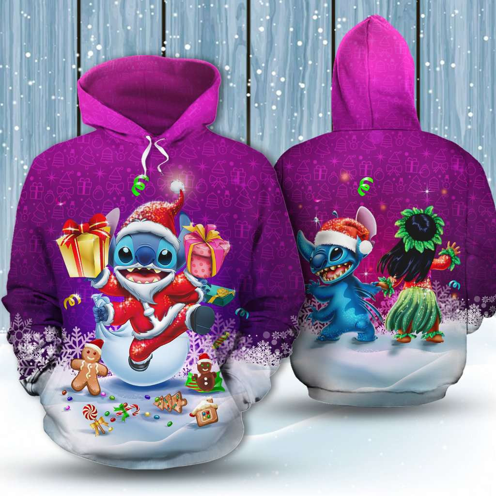 Stitch Lilo Santa Clause Purple 3D All Over Print Hoodie & Zip Hoodie