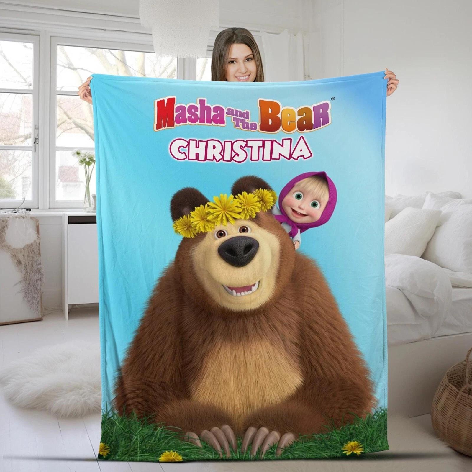 Custom Name Marsha And Bear Blanket Cute Bear Velvet Fleece Sherpa Blanket