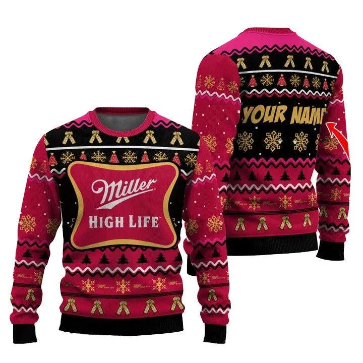 Personalized Miller High Life Pine Tree Snowing Ugly Christmas Sweater