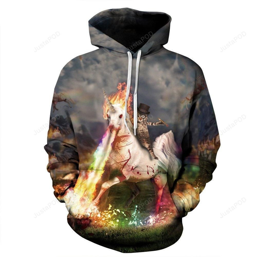 The cat Riding a unicorn 3D All Over Print Hoodie & Zip Hoodie