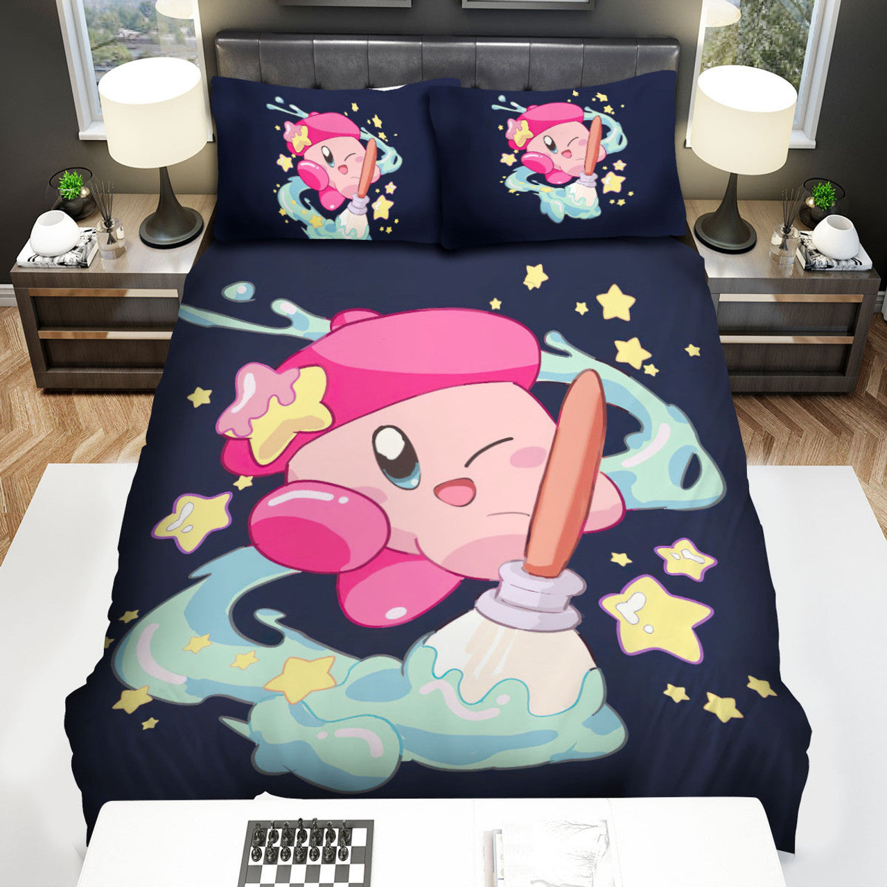 Kirby Bedding Set Kirby With A Pain Brush And Stars Duvet Covers Blue