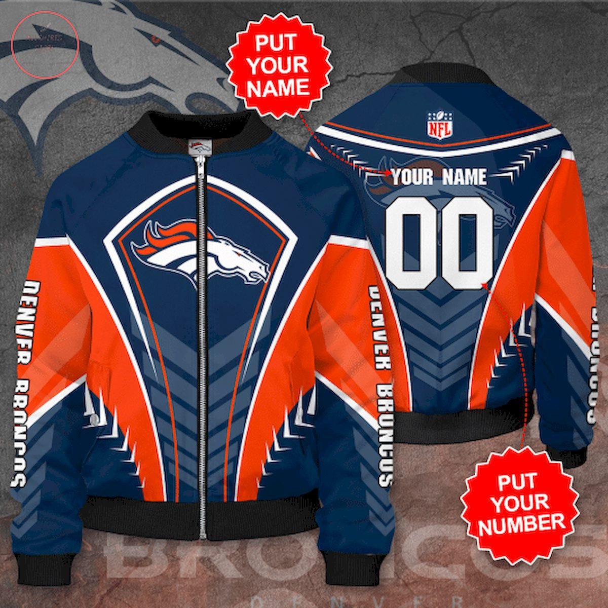 Denver Broncos Custom Name Number Orange Navy Blue Bomber Jacket