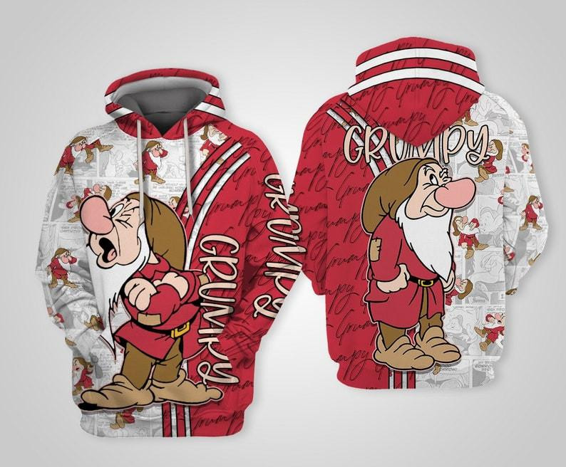 Cartoon Snow White And Seven The Dwarfs, Red Grumpy Dwarf Comics Book Patterns All Over Print Hoodie, Zip Hoodie