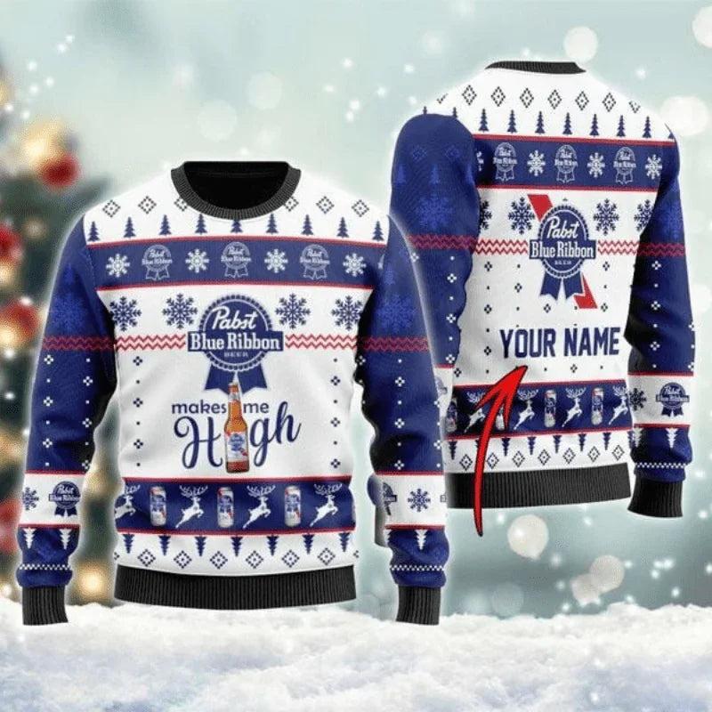 Personalized Pabst Blue Ribbon Make Me High Ugly Christmas Sweater