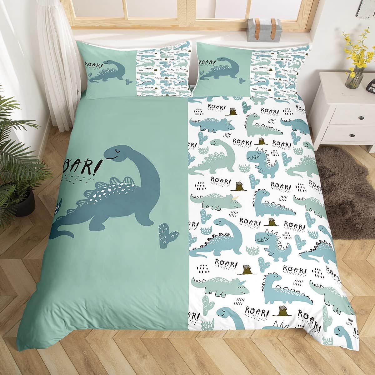 Dinosaur Bedding Set Cute Dino Roar Boho Cactus Duvet Covers Green