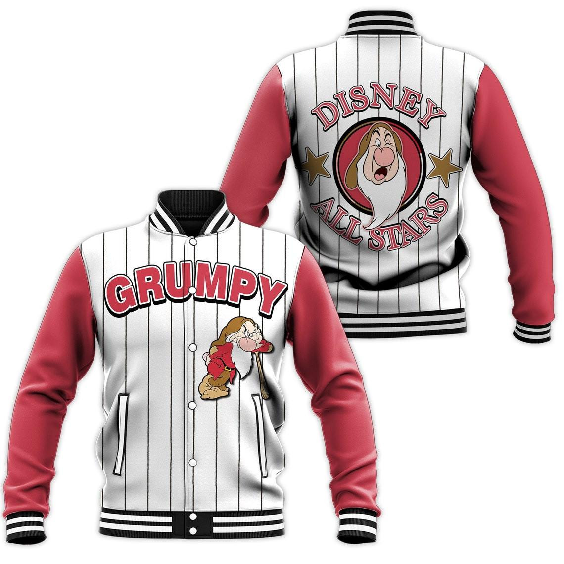 Grumpy Dwarf Allstar Stripe Disney Unisex Cartoon Graphic Casual Outfits Gift Lover Baseball Jacket