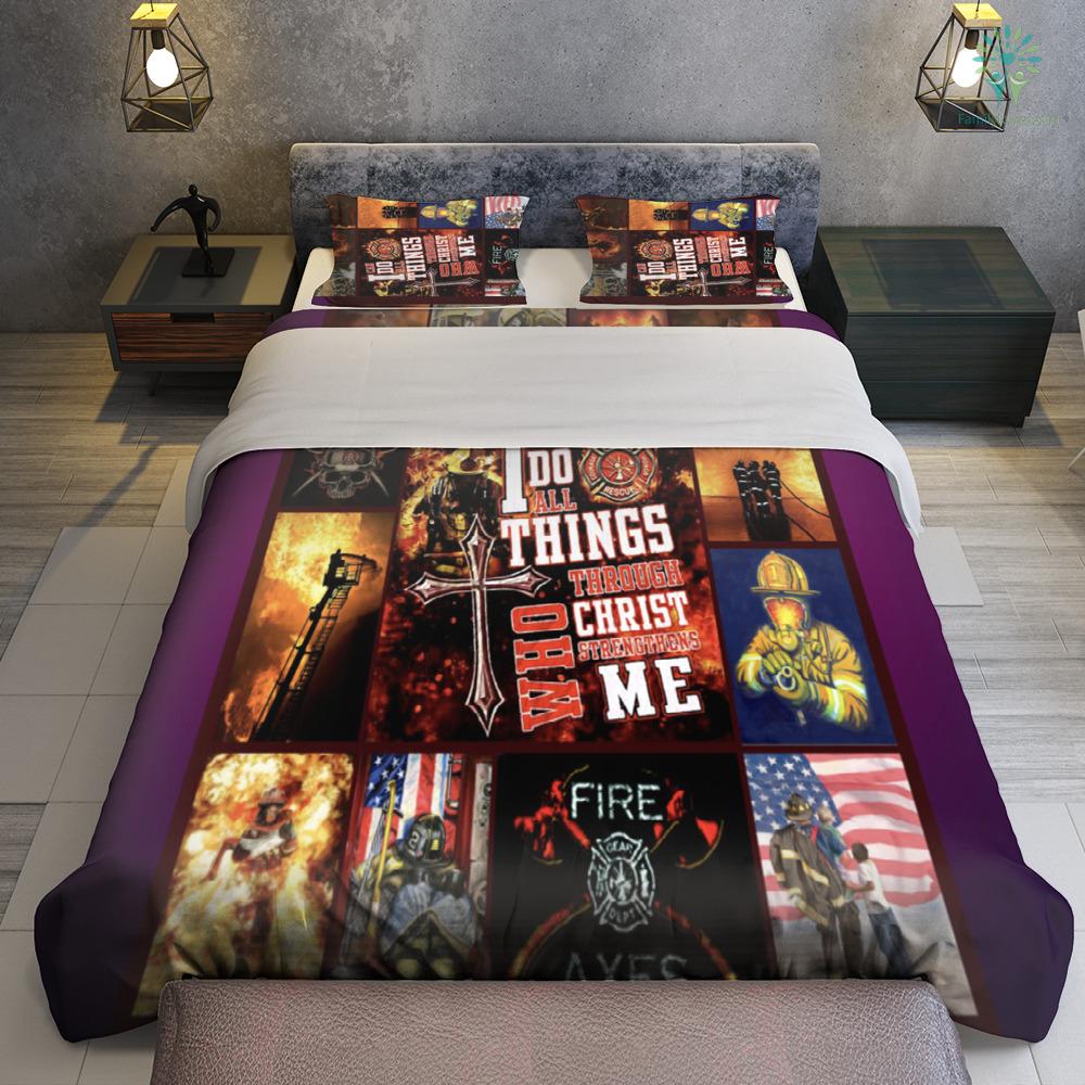 Firefighter Bedding Set Firefighter I Do Do All Things Through Christ Duvet Covers Black