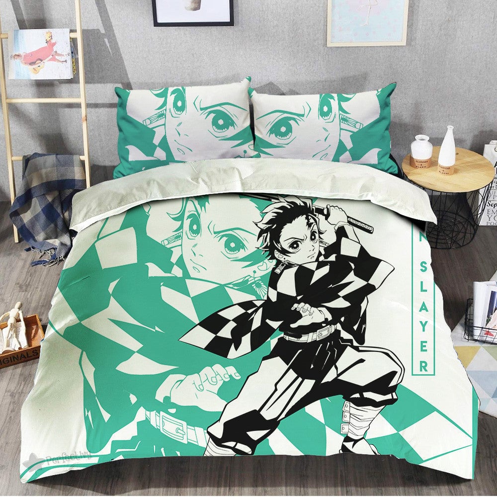 Demon Slayer Bedding Set Tanjiro Kamado Fighting Scene Duvet Covers Green