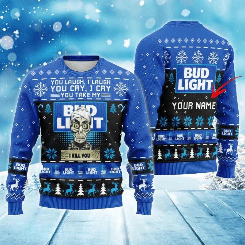 Personalized Bud Light Funny Skeleton Ugly Christmas Sweater