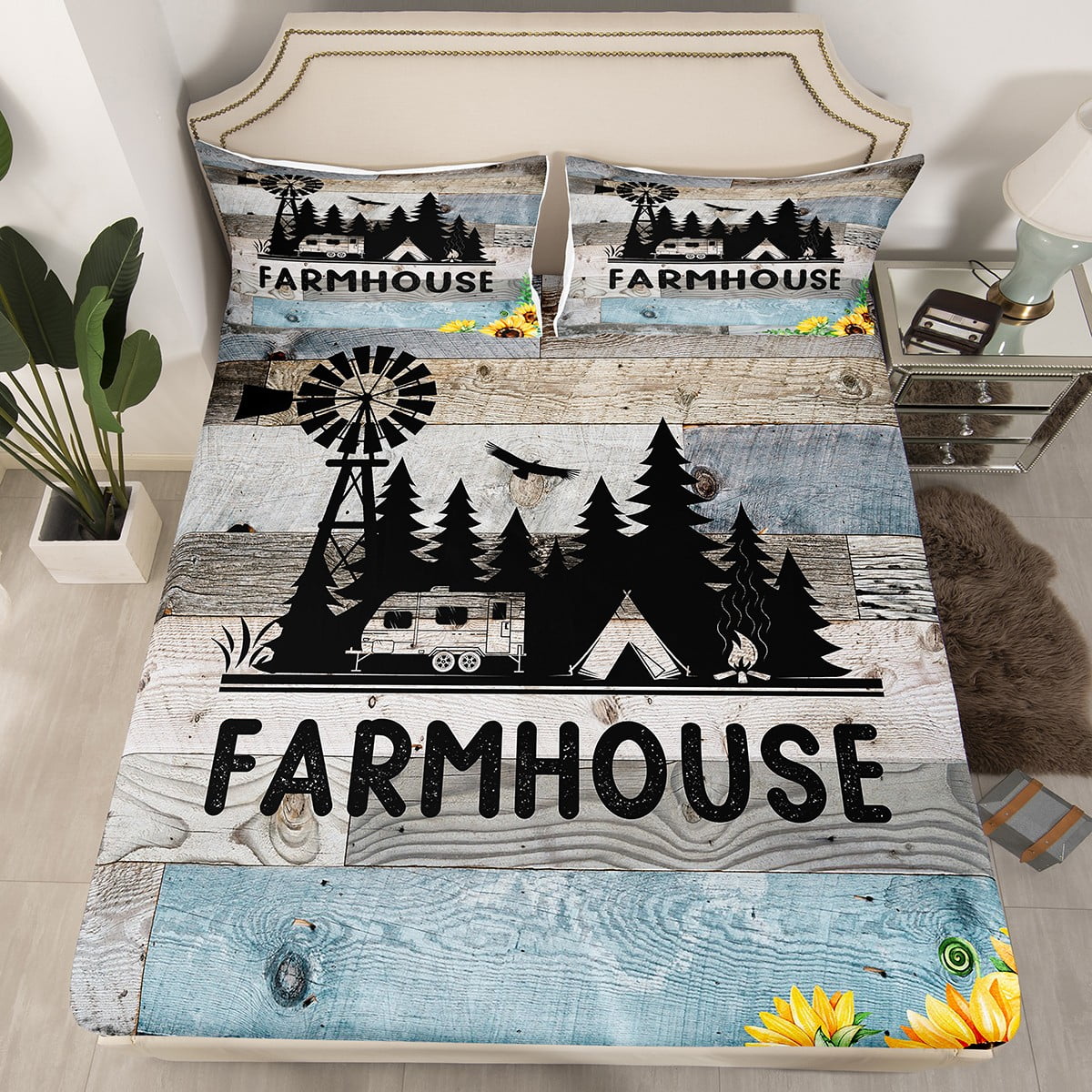 Camping Bedding Set Rustic Windmil Farmhouse Wood Pattern Duvet Covers