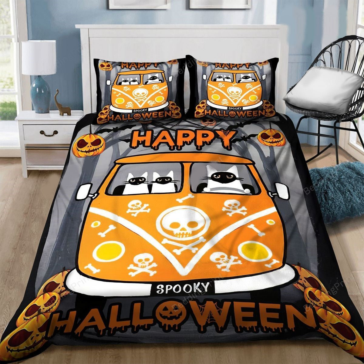 Halloween Bedding Set Happy Spooky Halloween Cats Duvet Covers Gray