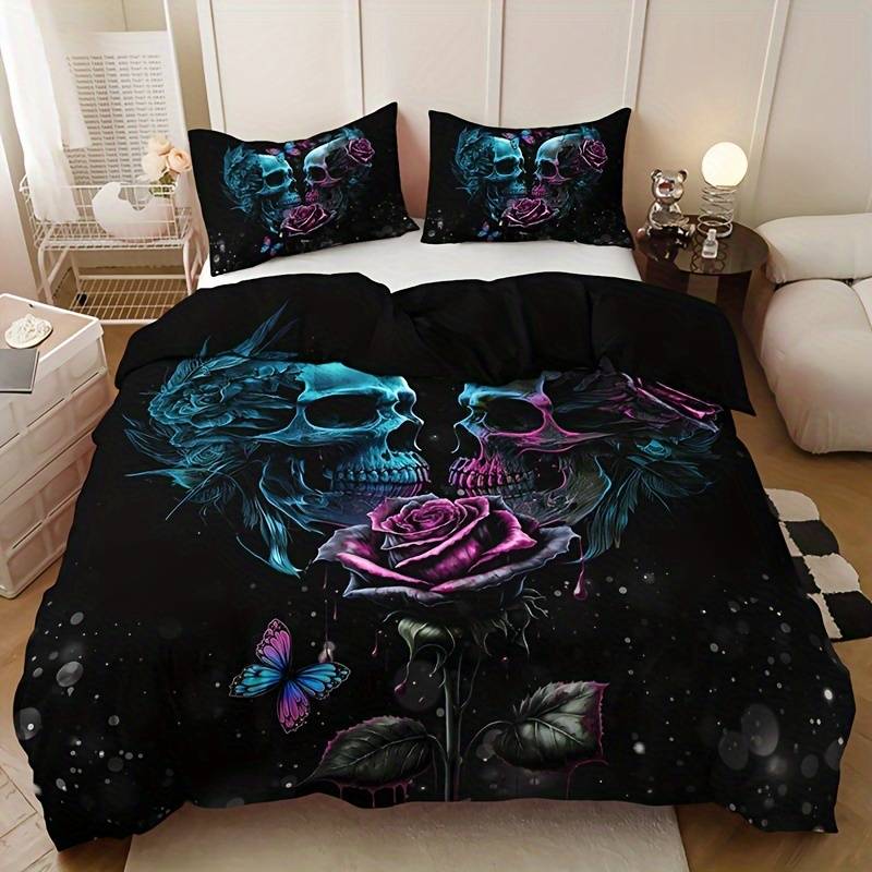 Skull Bedding Set Rose Ans Two Skulls Graphic Duvet Covers Black