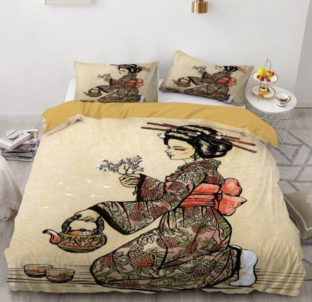 Japan Bedding Set Japanese Geisha Serving Tea Graphic Duvet Covers