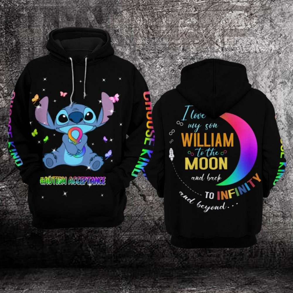 Personalized Autism Awareness Stitch Disney, Autism Acceptance, I Love My Son To The Moon And Back All Over Print Hoodie