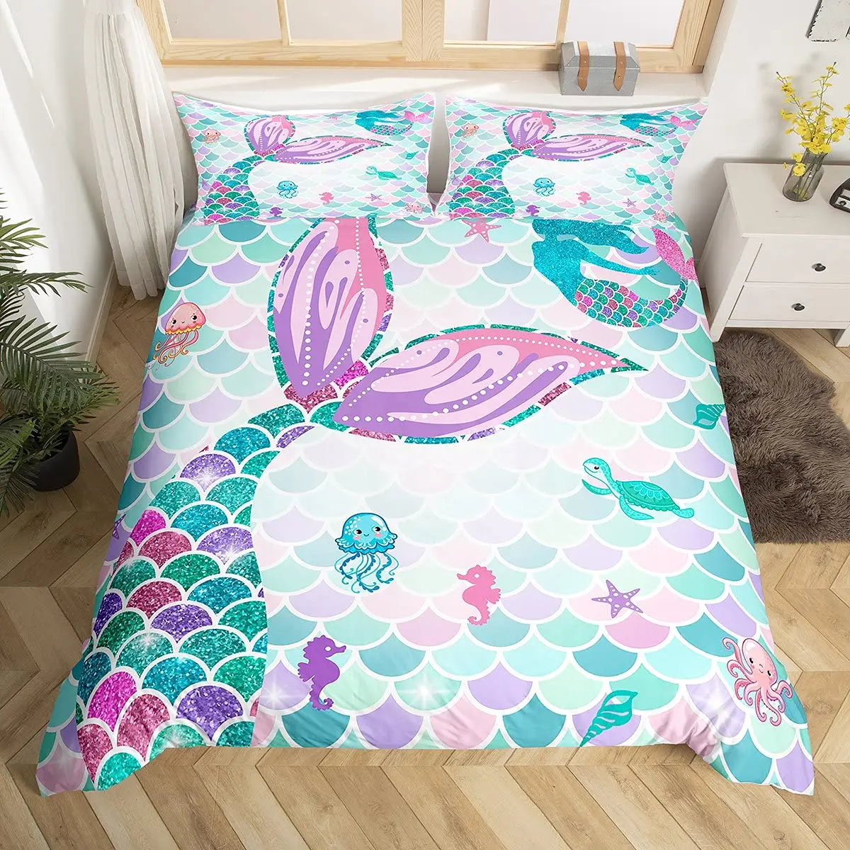 Mermaid Bedding Set Mermaid Tail Marine Creatures Pattern Duvet Covers