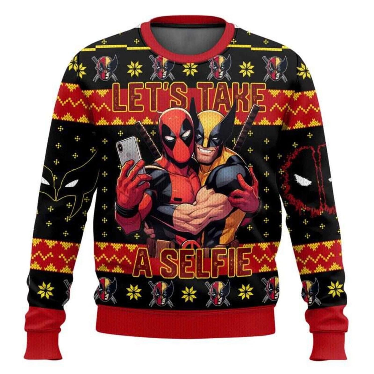 Deadpool And Wolverine Lets Take A Selfie Ugly Christmas Sweater