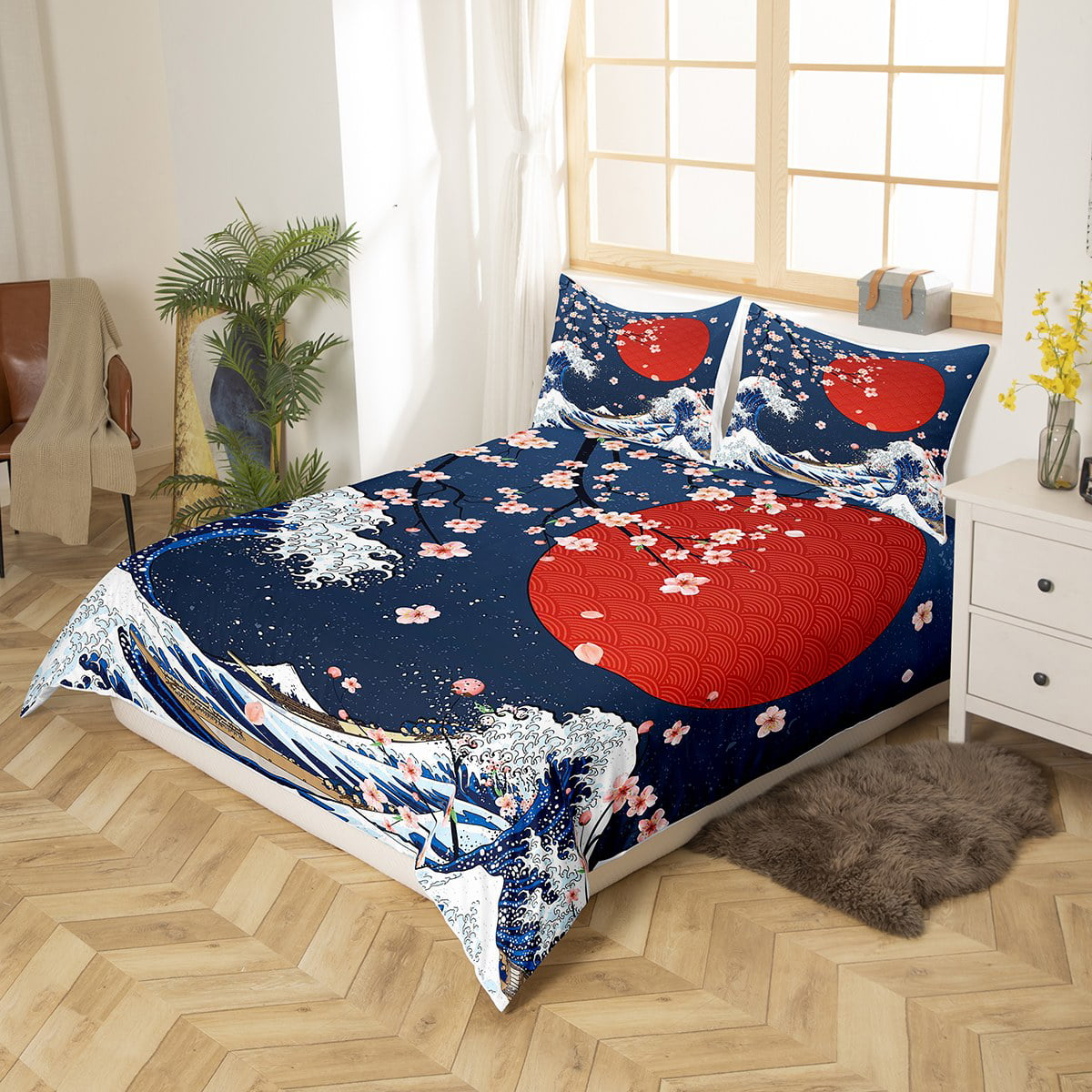 Japan Bedding Set Japanese Ukiyoe Great Wave And Cherry Blossoms Duvet Covers