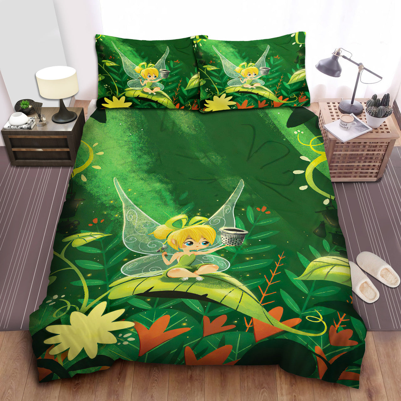 Tinker Bell Bedding Set DN Chibi Tinker Bell Sitting On The Leaf Duvet Covers