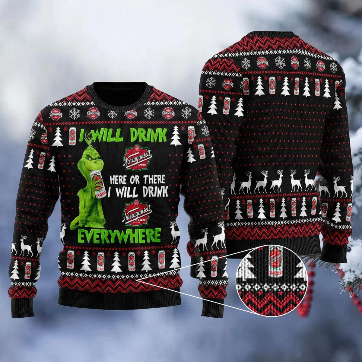 Narragansett Grinch Will Drink Everywhere Ugly Christmas Sweater