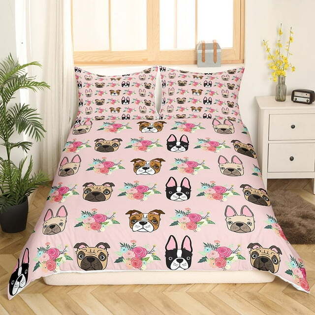 Dog Bedding Set Puppy Bulldog And Flower Pattern Duvet Covers