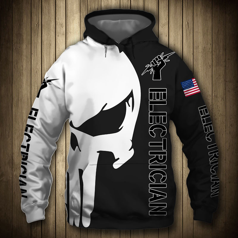 Electrician Punisher Skull US Flag Black White 3D All Over Print Hoodie & Zip Hoodie