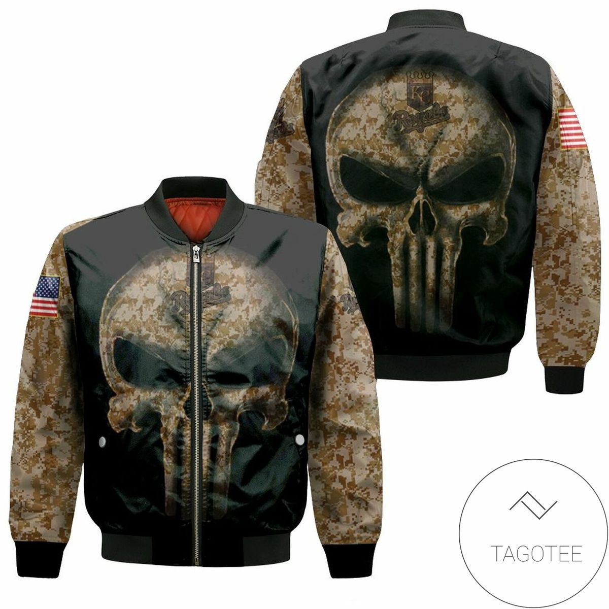 Kansas City Royals Camouflage Skull American Flag Bomber Jacket