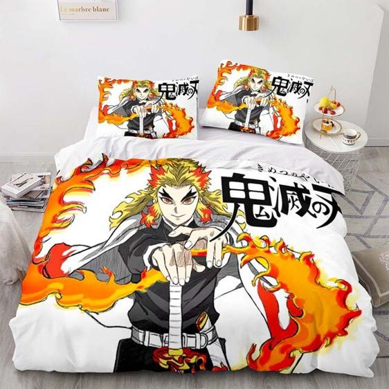 Demon Slayer Bedding Set Demon Slayer Late Flame Hashira Kyojuro Duvet Covers Orange