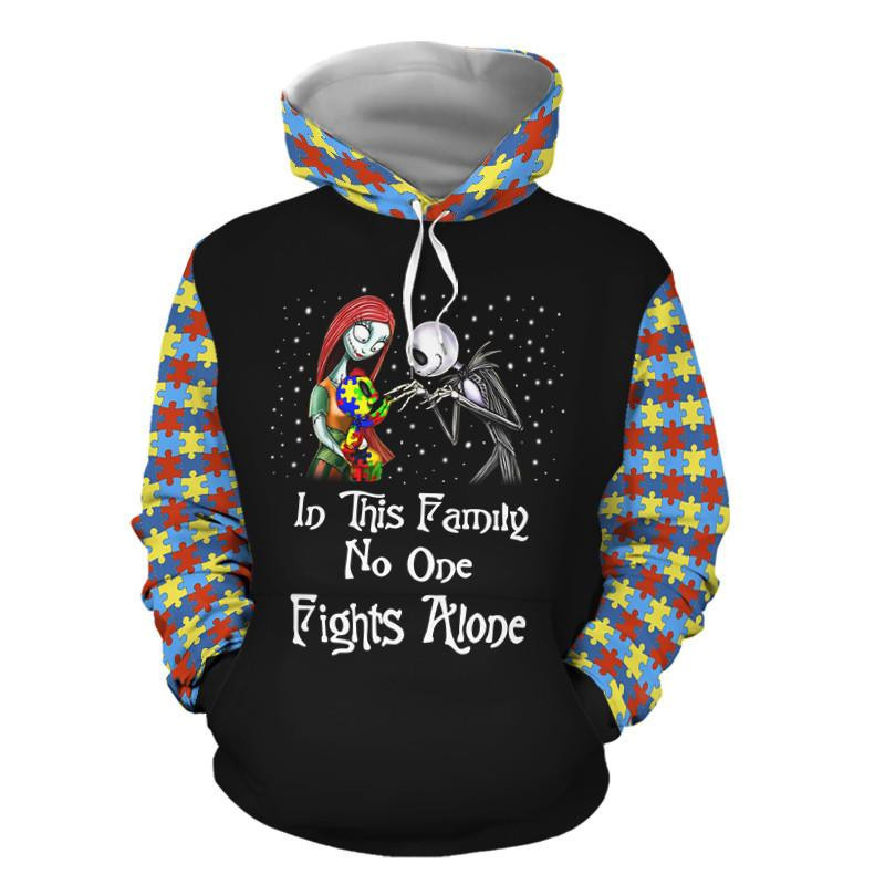 Jack Skellington And Sally Fan Gift, Autism Awareness Gift, In This Family No One Fights Alone Aop Hoodie, Zip Hoodie, Fleece Jacket