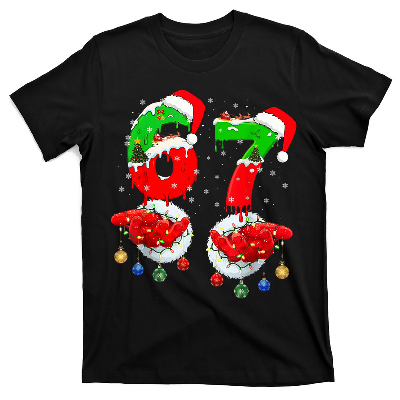 Six Seven 67 Meme 6 7 Christmas Santa Hand T-Shirt