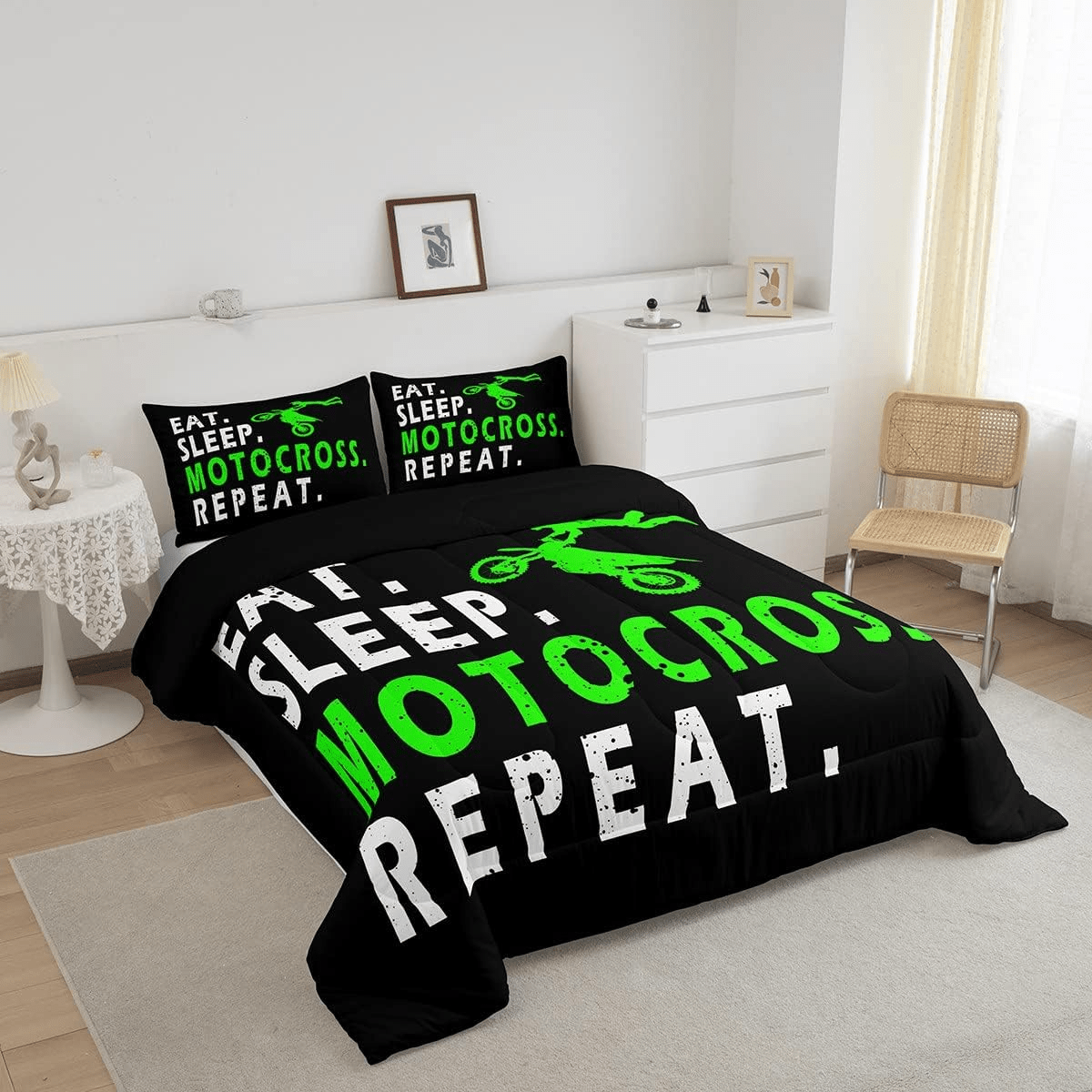 Motorcycle Bedding Set Eat Sleep Motocross Repeat Duvet Covers Black