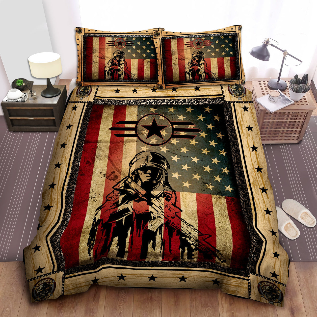 Veteran Bedding Set US Army American Flag Soldier Wooden Pattern Duvet Covers
