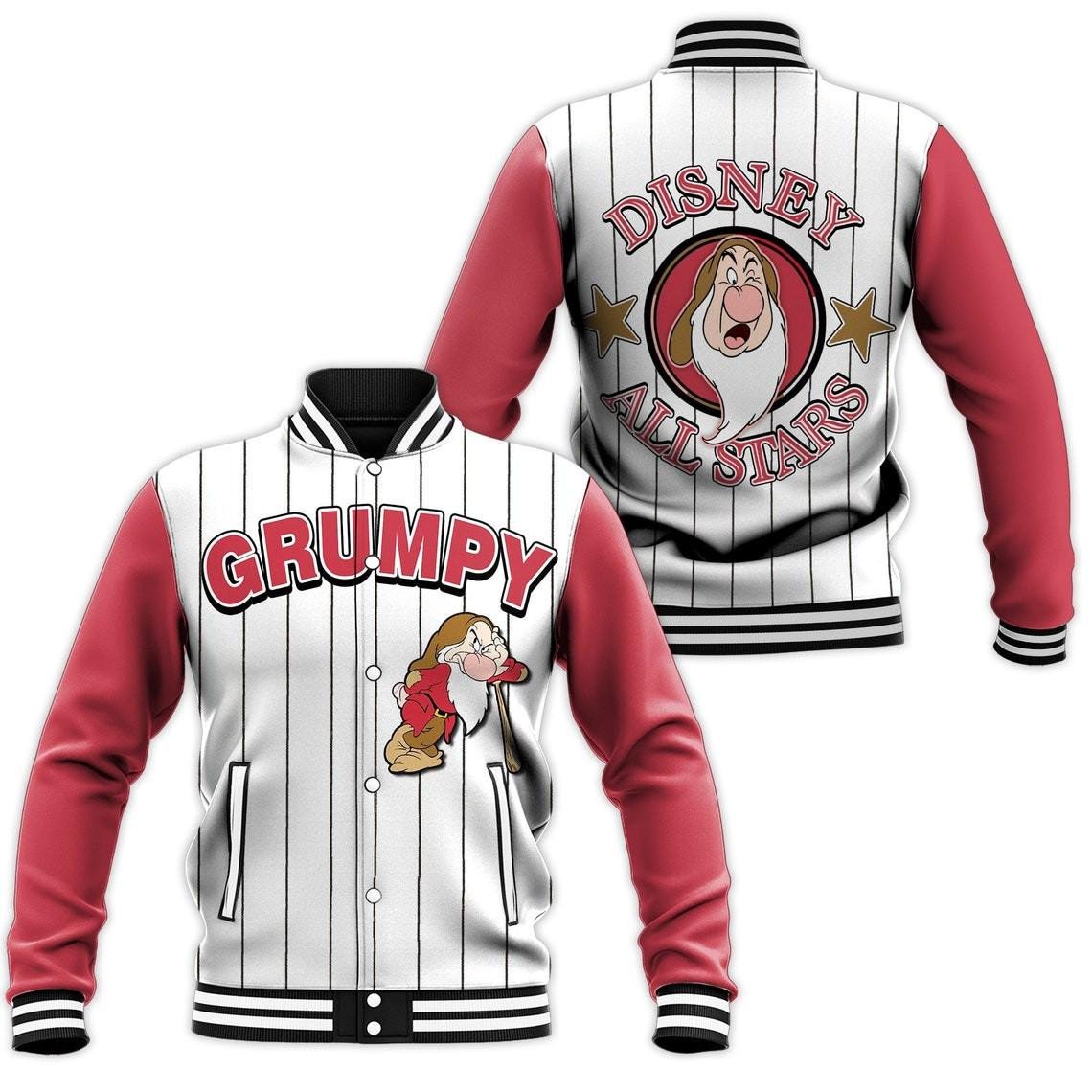 Grumpy Dwarf Allstar Stripe Disney Unisex Cartoon Graphic Casual Outfits Gift Lover Baseball Jacket