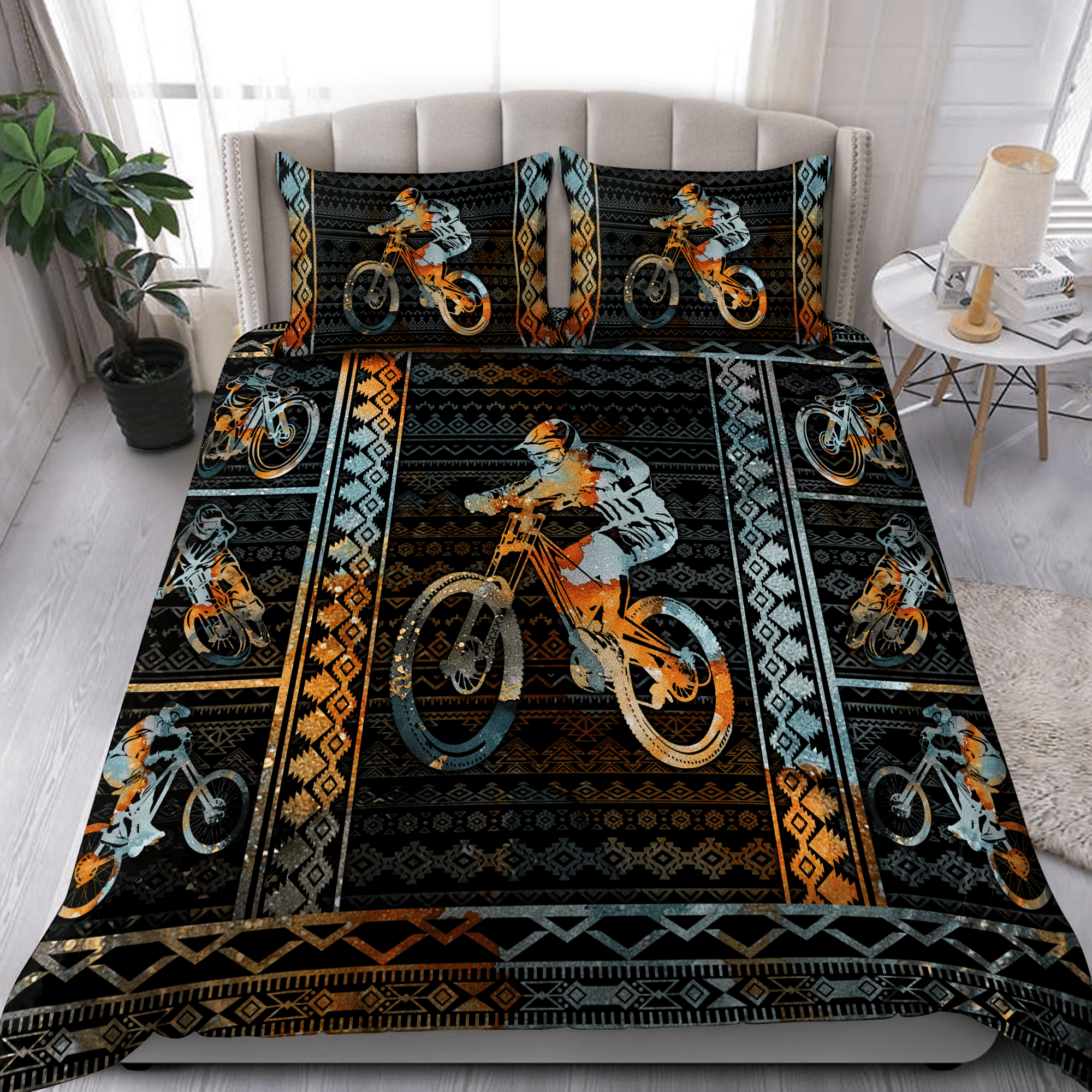 Bicycle Bedding Set Mountain Biking Tribal Pattern Duvet Covers Black