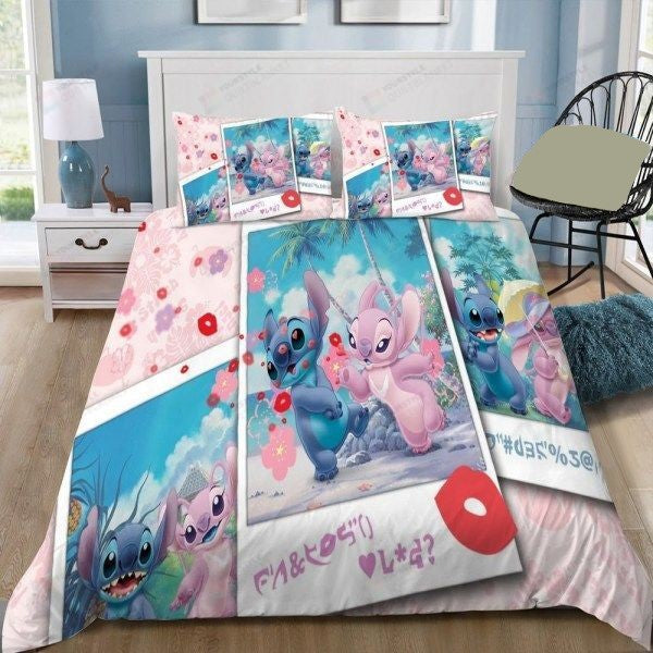 Stitch Bedding Set DN Stitch And Angel On The Beach Duvet Covers Pink