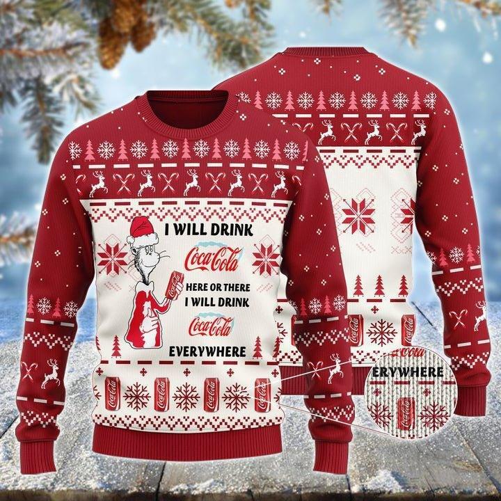 Cocacola Cat Hat Will Drink Everywhere Ugly Christmas Sweater
