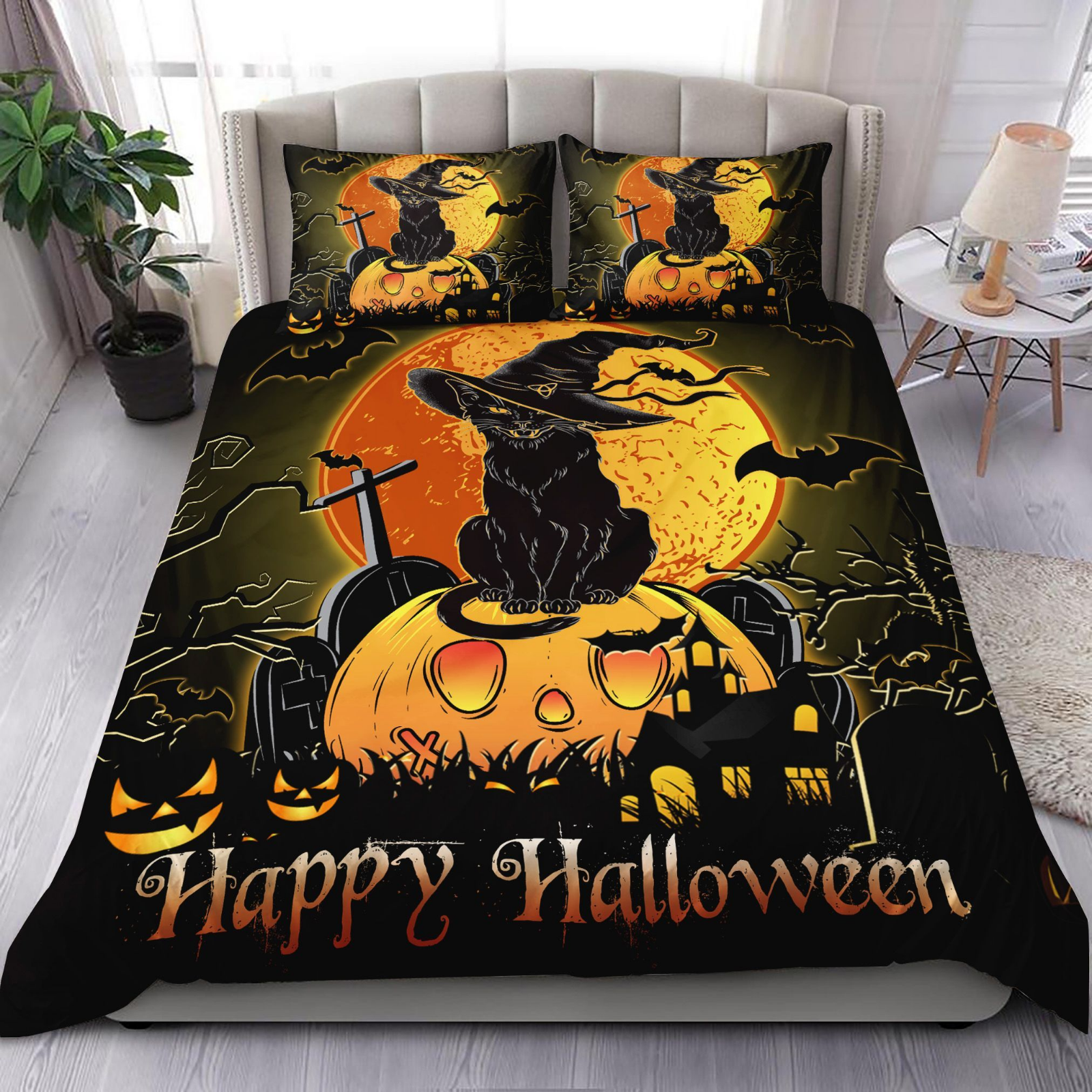 Halloween Bedding Set Halloween Night Black Cat Pumpkin Duvet Covers Orange