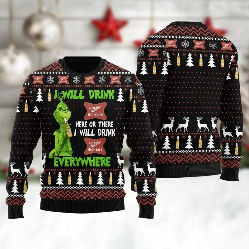 Miller High Life Grinch Will Drink Everywhere Ugly Christmas Sweater