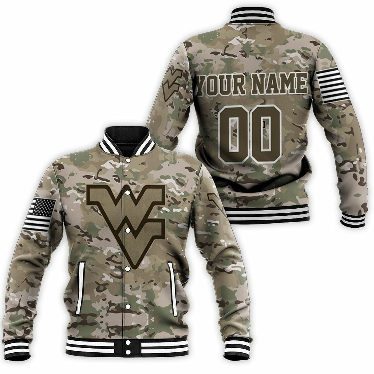 West Virginia Mountaineers Camo Custom Name Number Baseball Jacket
