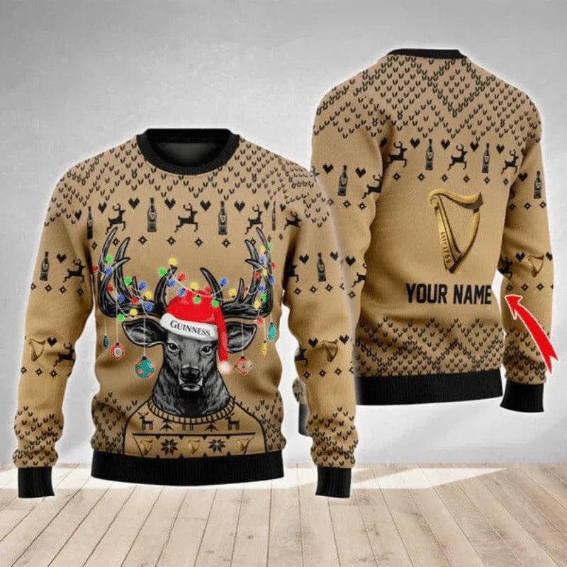 Personalized Guinness Christmas Reindeer String Lights Ugly Christmas Sweater