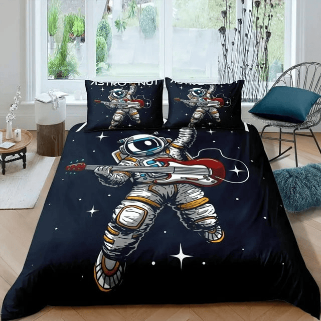 Astronaut Bedding Set Astronaut Playing Guitar In Space Duvet Covers