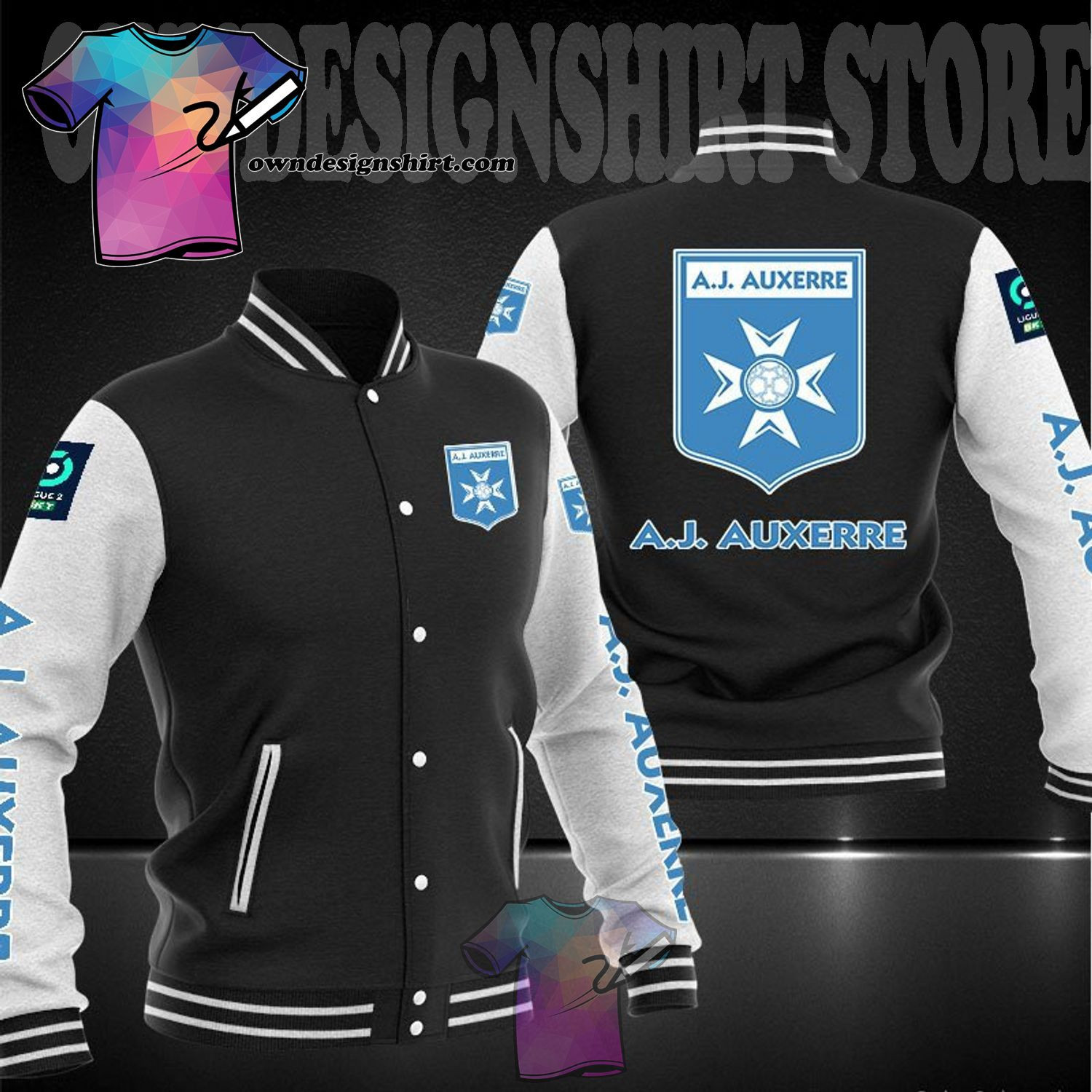 AJ Auxerre Black White Baseball Jacket